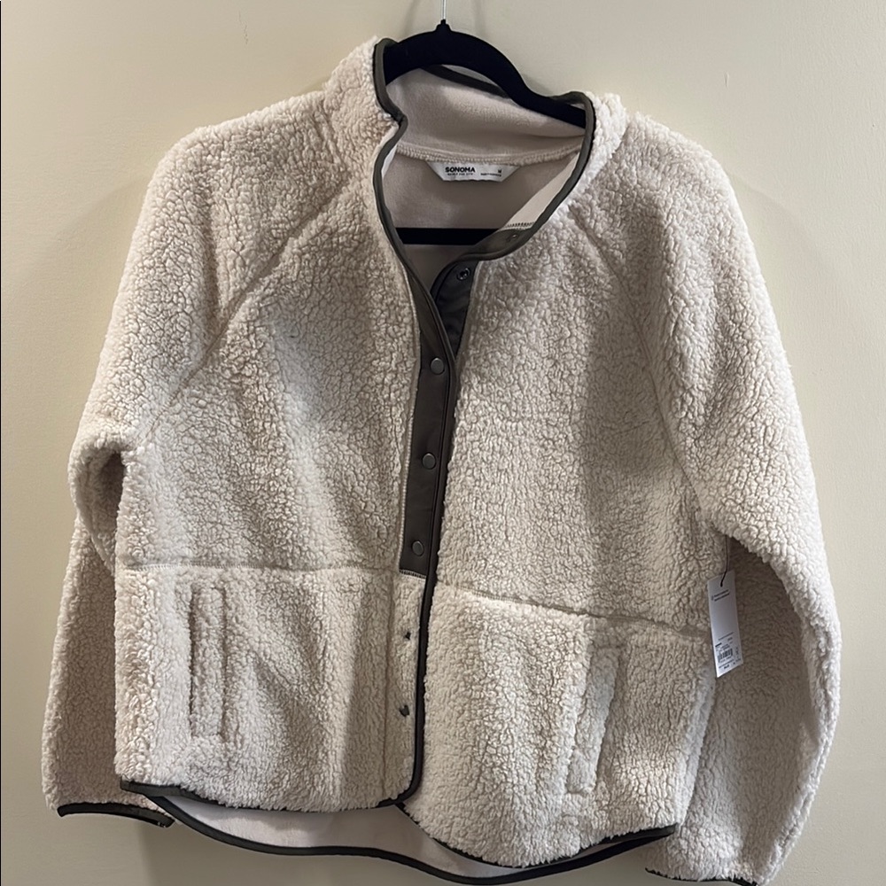 Cream Sherpa Jacket with Olive GreenTrim